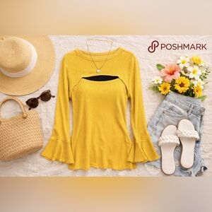 Doe & Rae Golden Yellow Cutout Ribbed Crew Sweater large NWOT